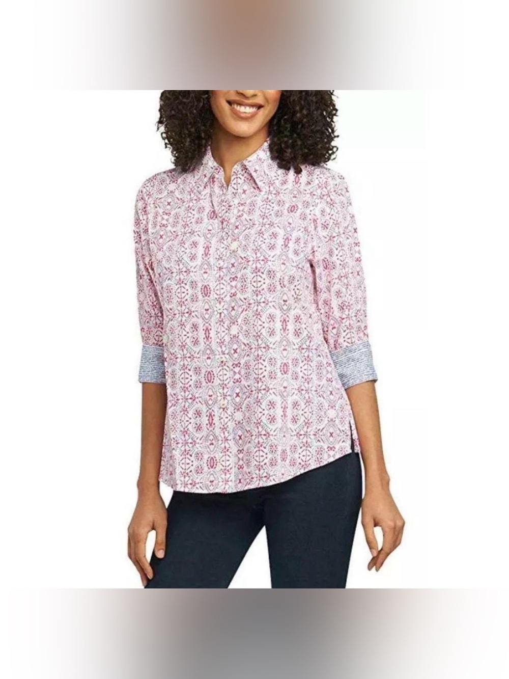 Foxcroft NYC Easy Care Button Front Shirt Large Pink Blue Print 3/4 Sleeve